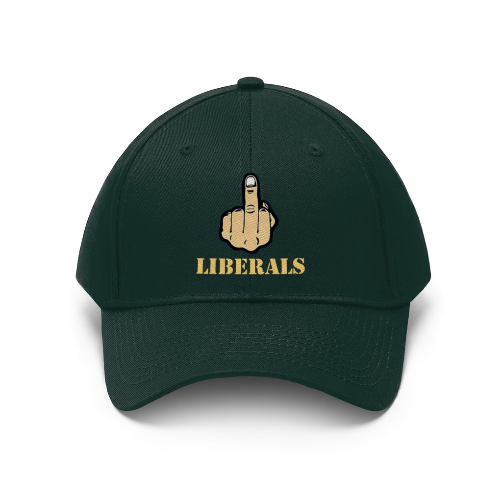 Vintage Fuck Liberals Cotton Twill Cap Design with a bold middle finger graphic and 'LIBERALS' text.