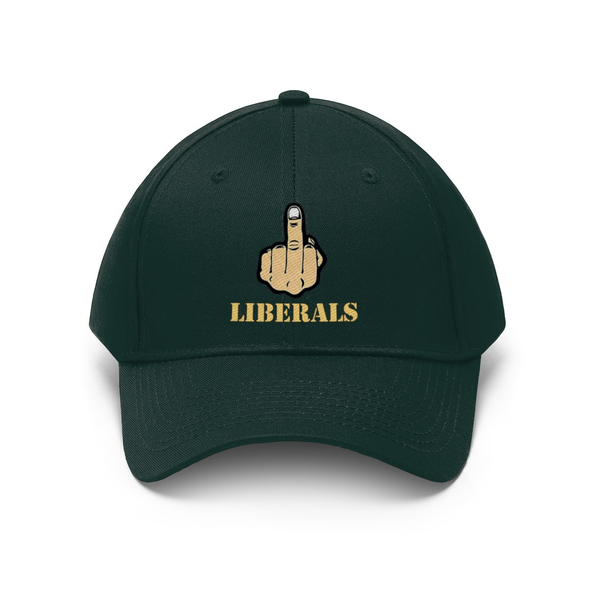 Vintage Fuck Liberals Cotton Twill Cap Design with a bold middle finger graphic and 'LIBERALS' text.