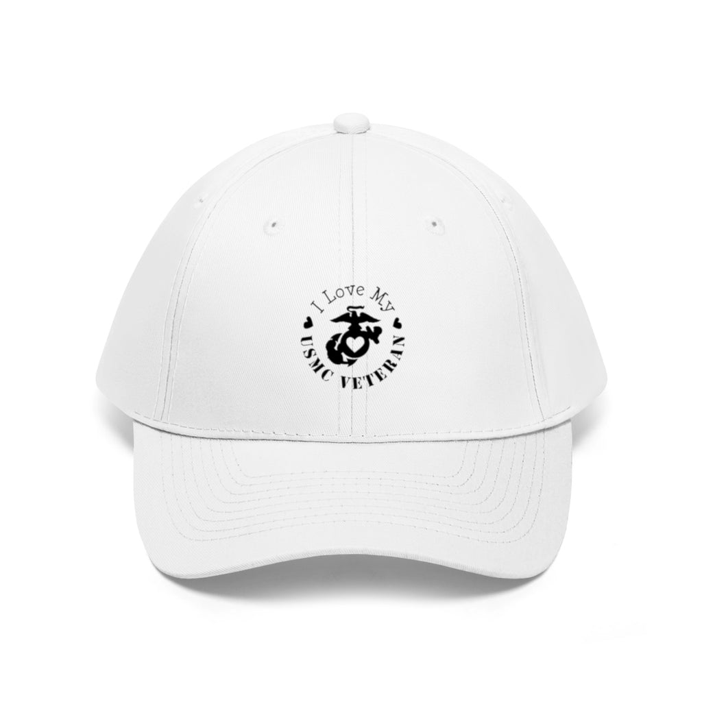 I Love My USMC Veteran Twill Cap featuring a classic USMC logo on a stylish white hat.