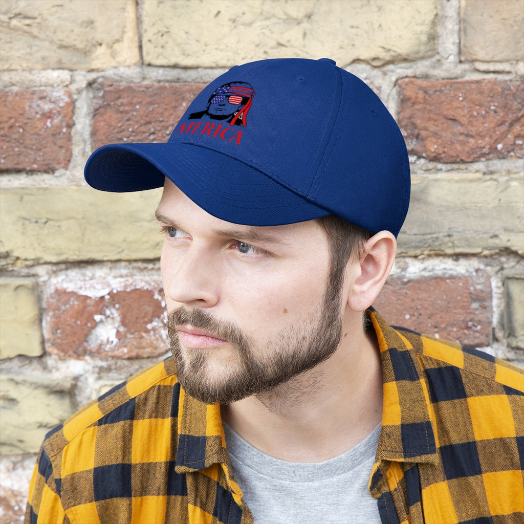 Classic Merica Baseball Cap with Trump Design worn by a man against a brick background.