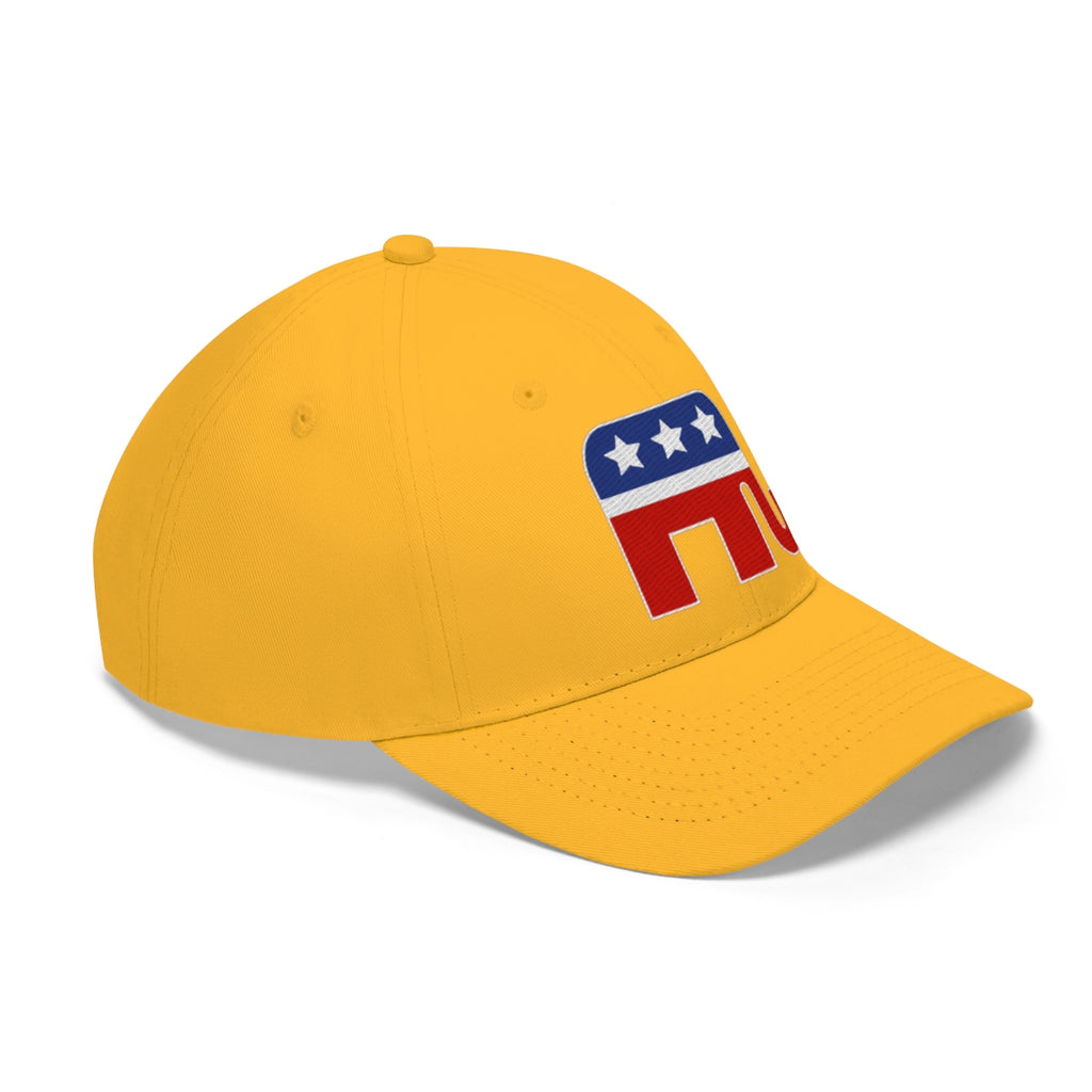 GOP Symbol Twill Cap Patriotic Political Graphic Cap in yellow with red and blue GOP elephant emblem.