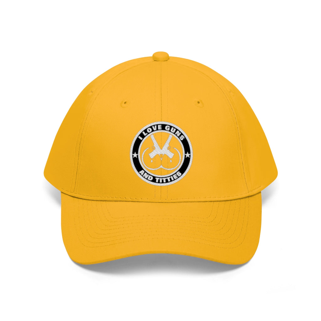 I Love Guns And Titties Twill Cap in vibrant yellow with a bold logo design.