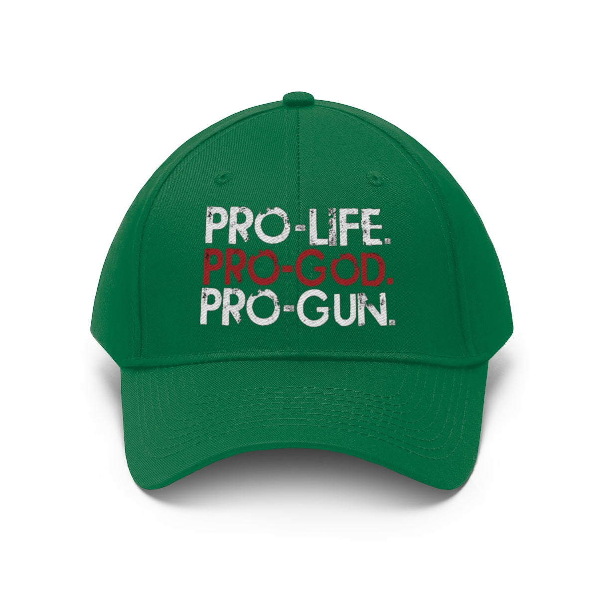 Pro-Life Pro-God Pro-Gun Cotton Twill Cap in vibrant green color showcasing a defiant statement design.