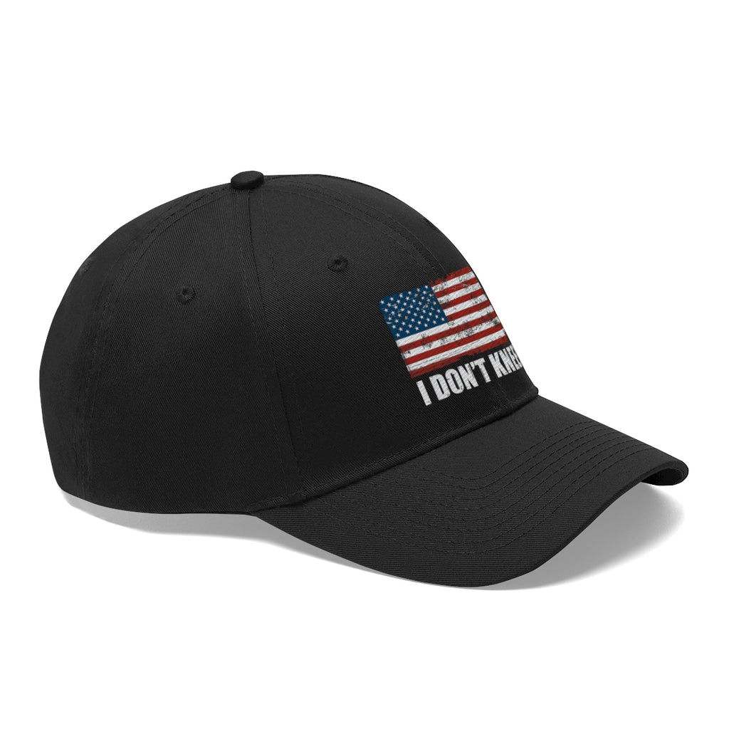 I Don't Kneel American Flag Twill Cap featuring American flag design on black cap.