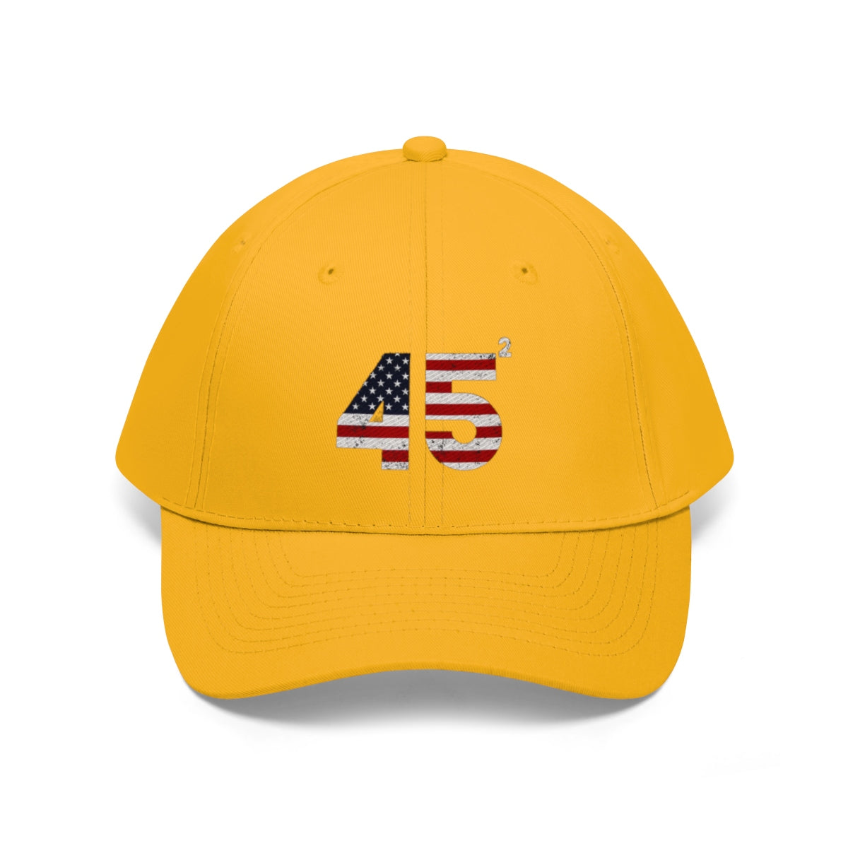 45 Squared Twill Cap Bold Numeric Statement Hat featuring a yellow base and American flag design.
