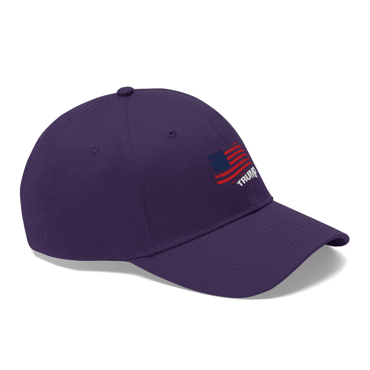 American Flag Twill Cap Trump Bold Supporter Cap in purple with American flag design and Trump text.