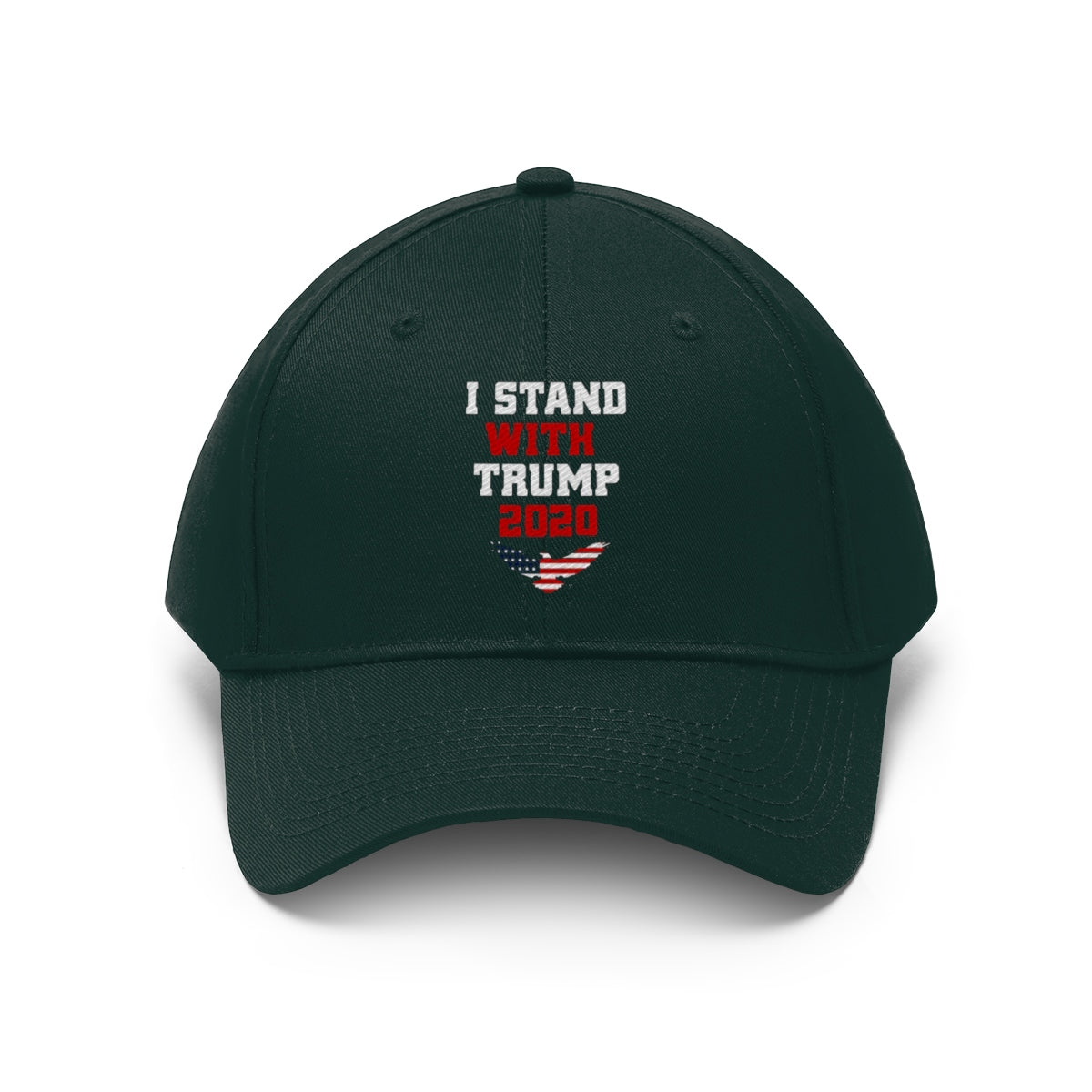 I Stand With Trump 2020 Twill Cap featuring bold text and patriotic design in black color.