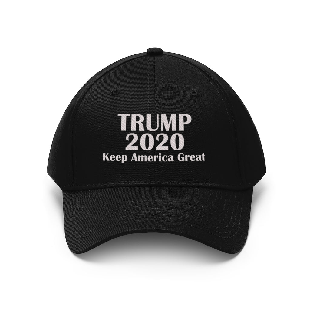 Trump 2020 Keep America Great Campaign Twill Cap in black with white text design.