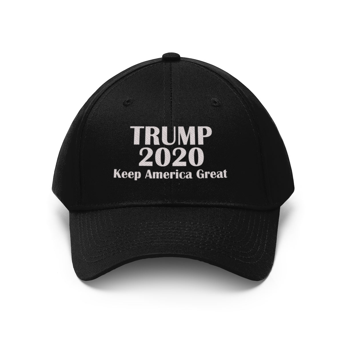 Trump 2020 Keep America Great Campaign Twill Cap in black with white text design.