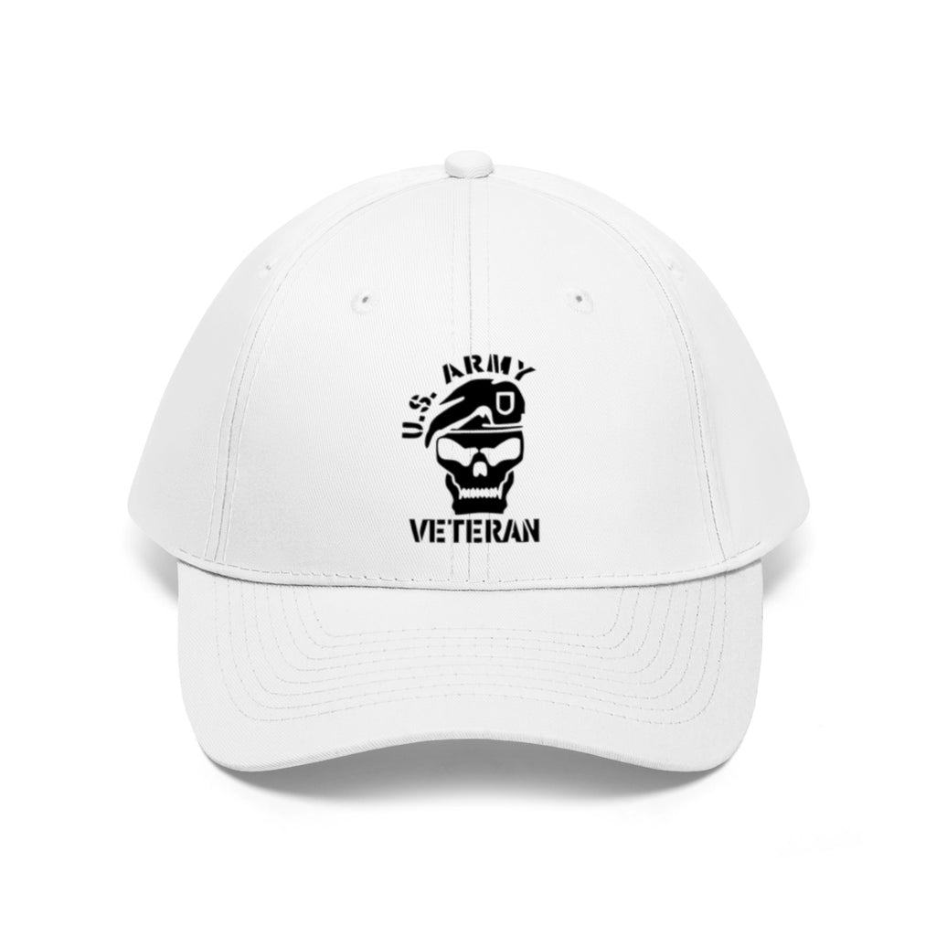 Vintage Twill Baseball Cap US Army Veteran with skull design on a white background.