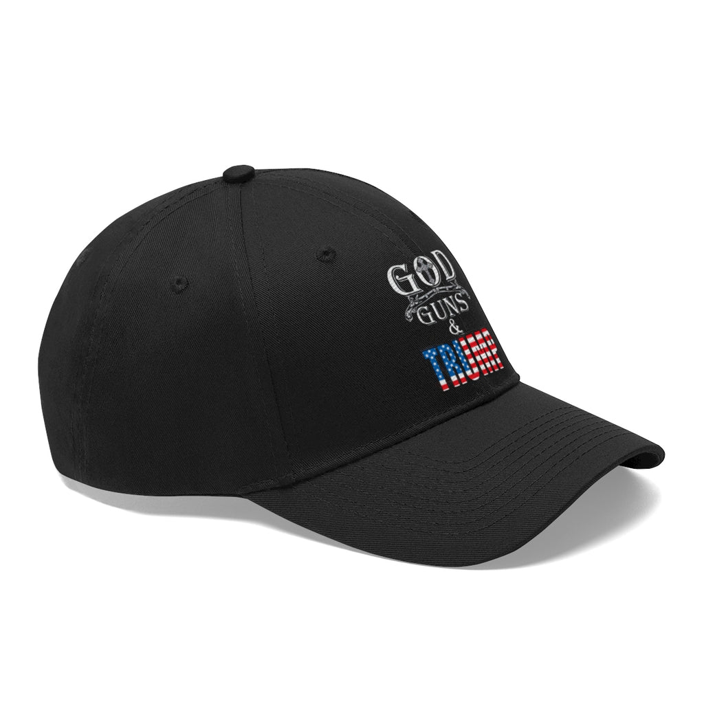 God Guns And Twill Cap Trump Patriotic Statement Hat displayed in black with patriotic design.