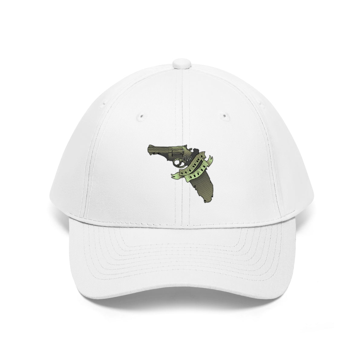 Florida The Gunshine State Twill Cap featuring a graphic of a gun with the outline of Florida.