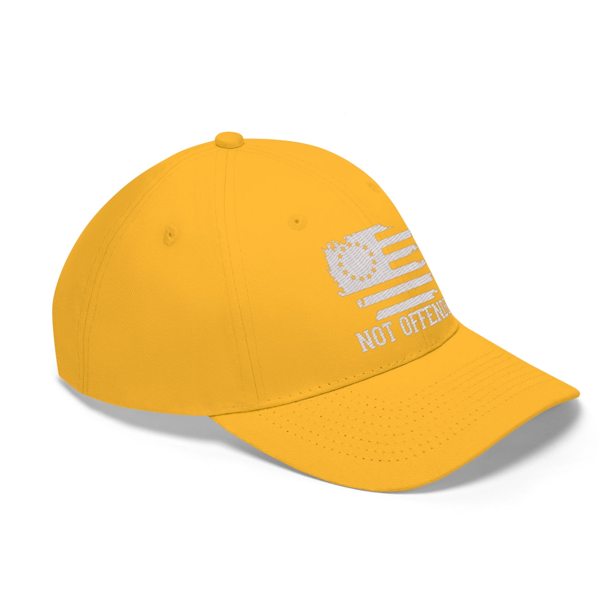 Embroidered Not Offended Adjustable Twill Cap in yellow with graphic design and text.