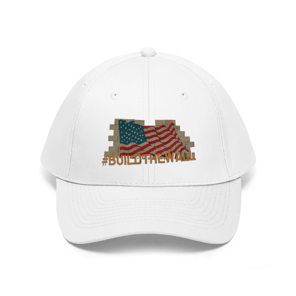Build The Wall On American Flag Twill Cap featuring an American flag design and bold #BUILDTHEWALL messaging.