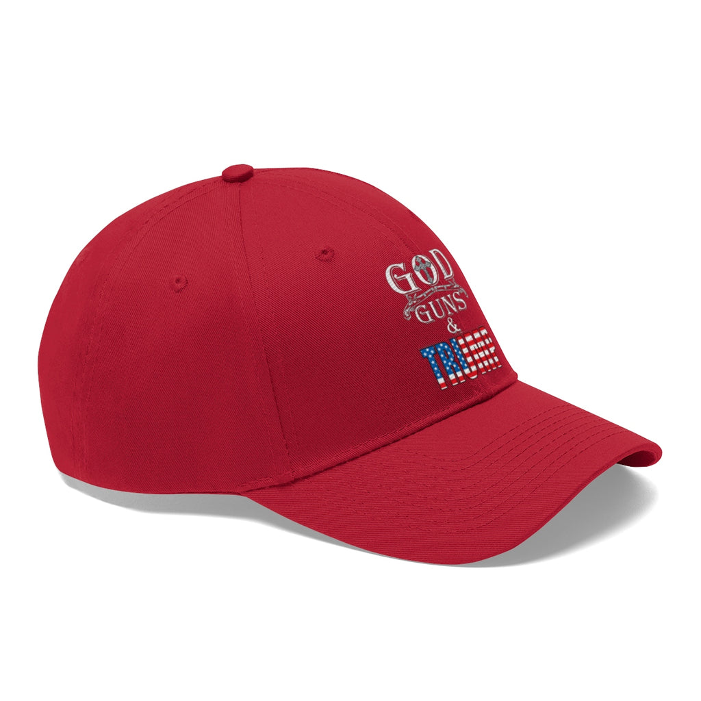 God Guns And Twill Cap Trump Patriotic Statement Hat displayed in red with embroidered patriotic design.