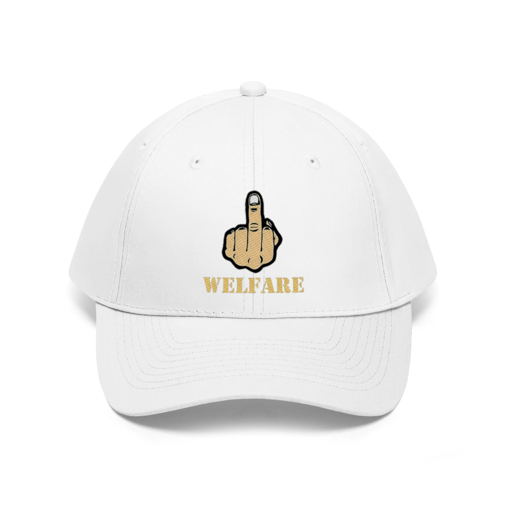 Vintage Fuck Welfare Cotton Twill Cap Design featuring a provocative hand gesture and bold text.