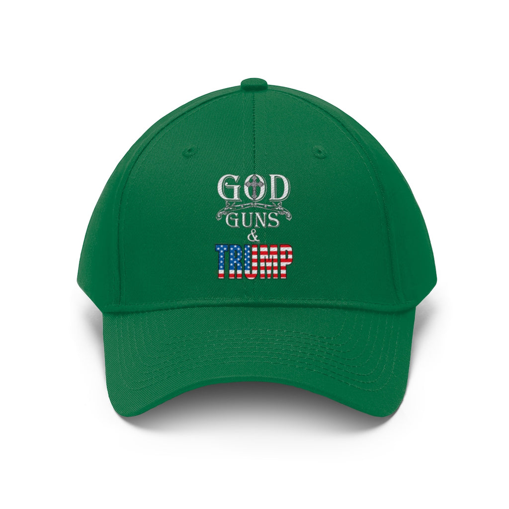 God Guns And Twill Cap Trump Patriotic Statement Hat in green with embroidered text.