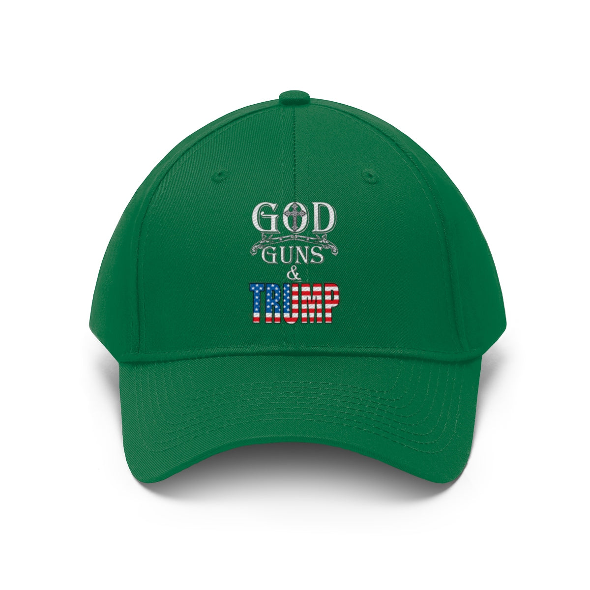 God Guns And Twill Cap Trump Patriotic Statement Hat in green with embroidered text.