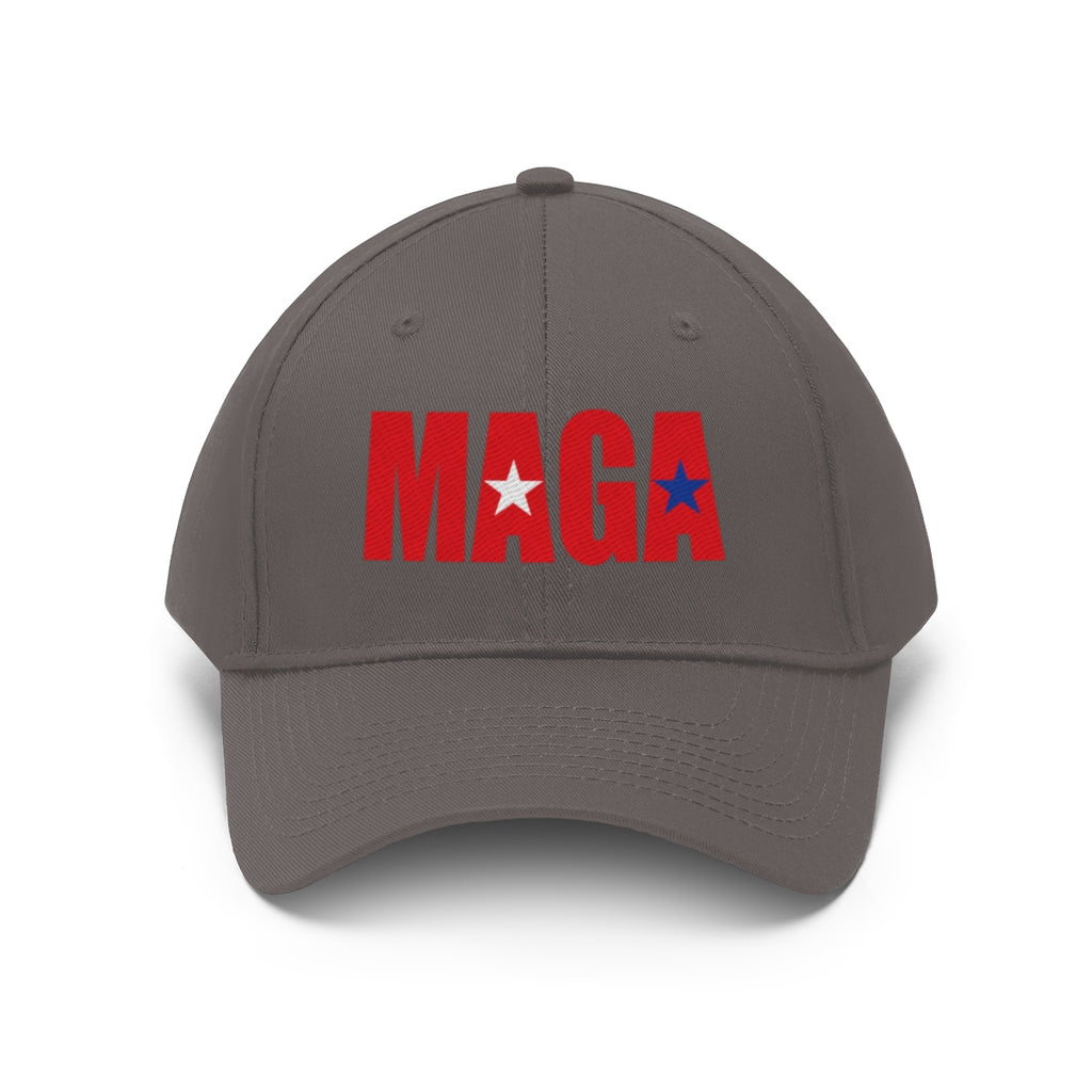Embroidered MAGA Cotton Twill Cap Design featuring a bold red and blue design on a gray cap.