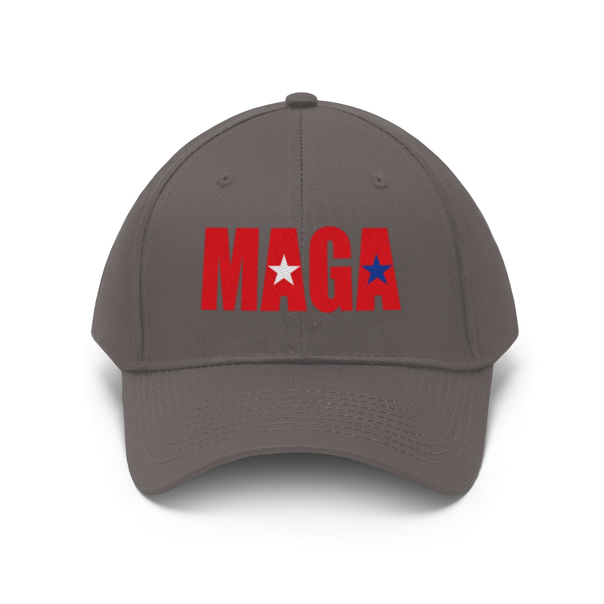 Embroidered MAGA Cotton Twill Cap Design featuring a bold red and blue design on a gray cap.