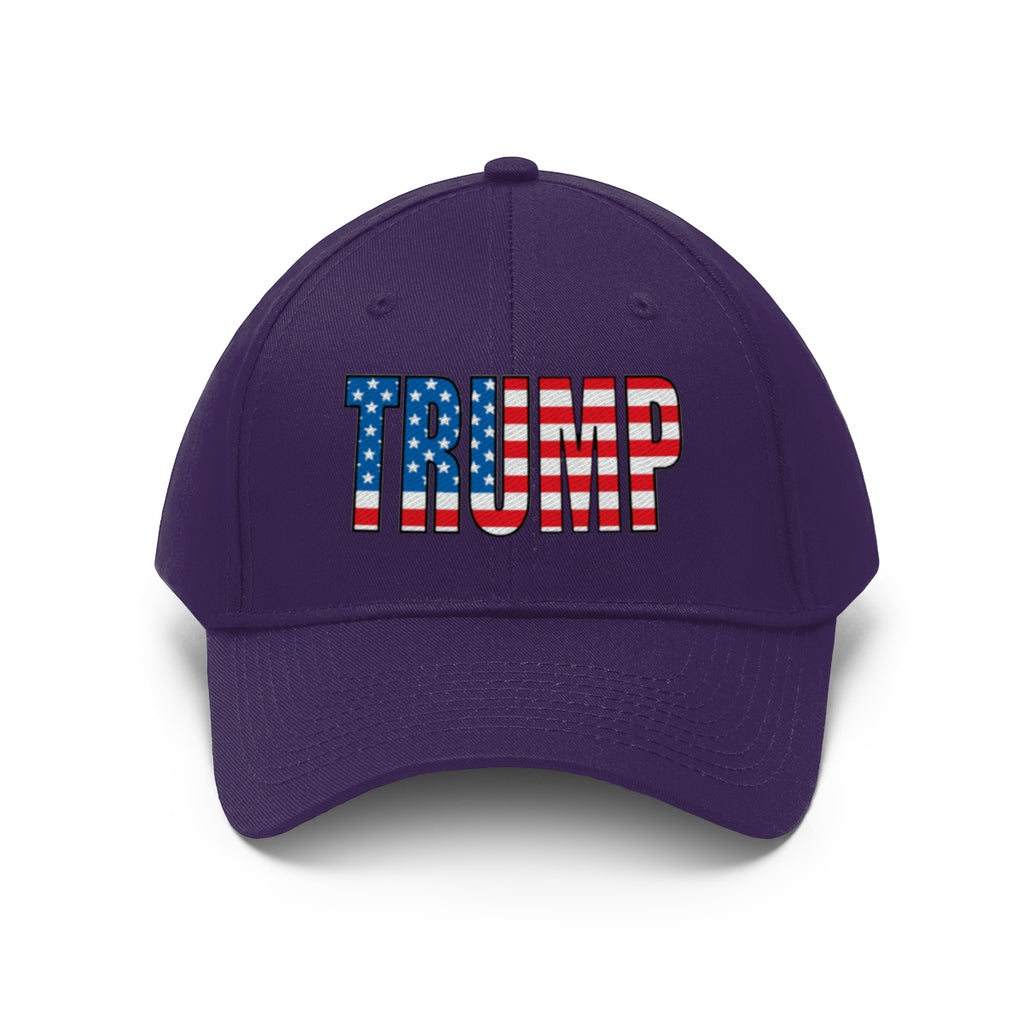 American Flag Twill Cap Patriotic Trump Classic Cap featuring the word TRUMP in red, white, and blue.