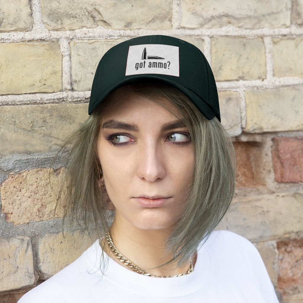 Got Ammo Twill Cap Funny Tactical Style Cap worn by a model with gray hair against a brick wall.