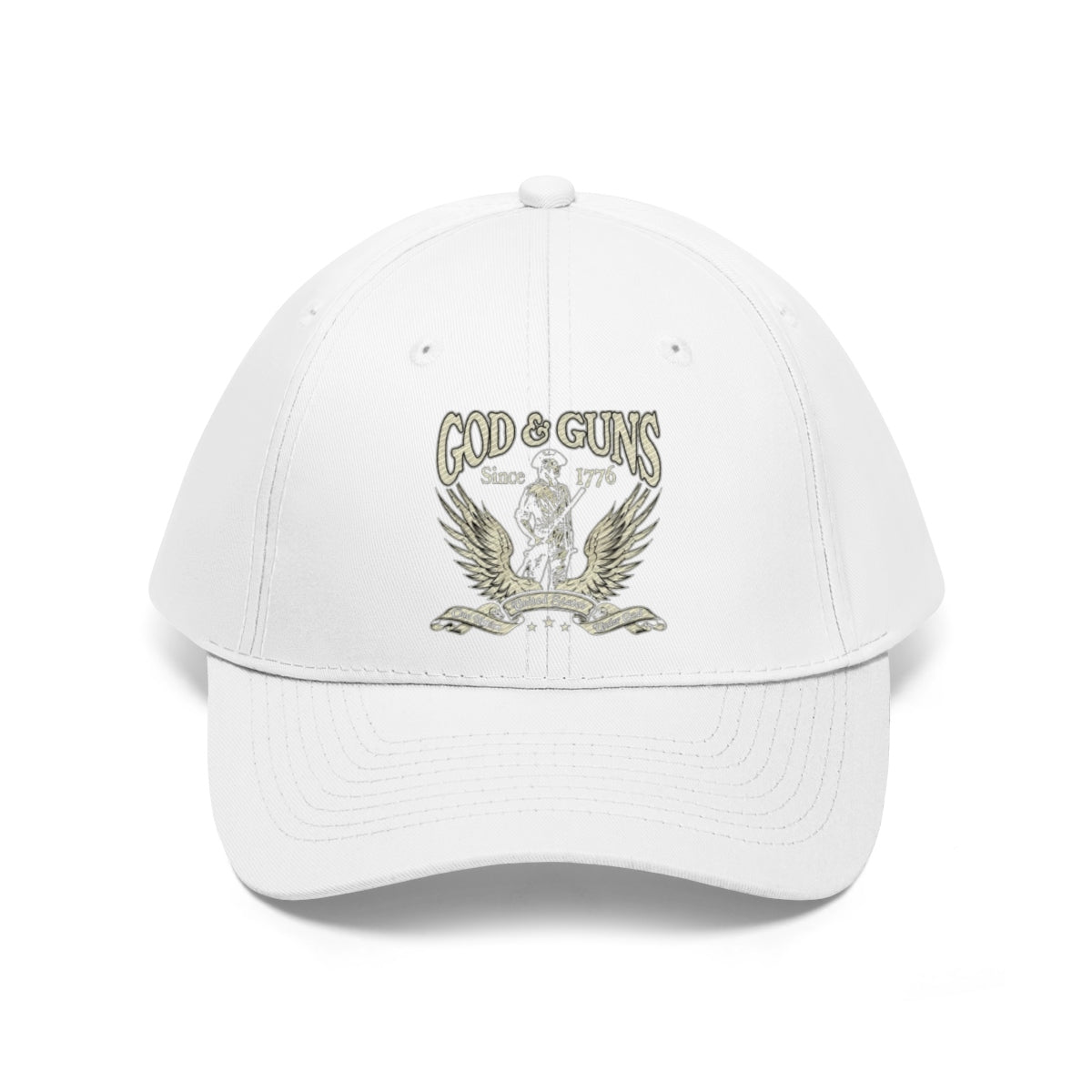 God And Guns Since 1776 Twill Cap featuring a striking eagle design on a white background.