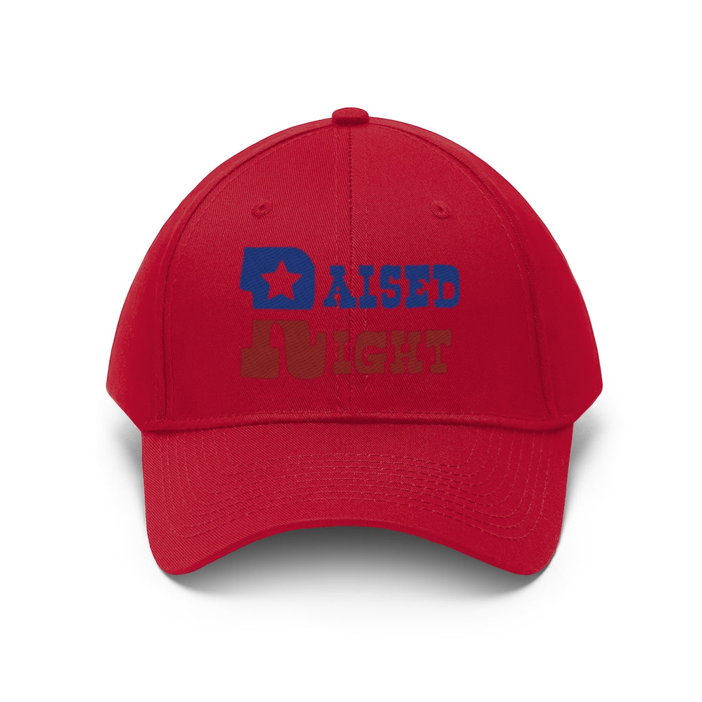 Raised Right Twill Cap Bold Values Casual Wear Cap in red with bold text design.