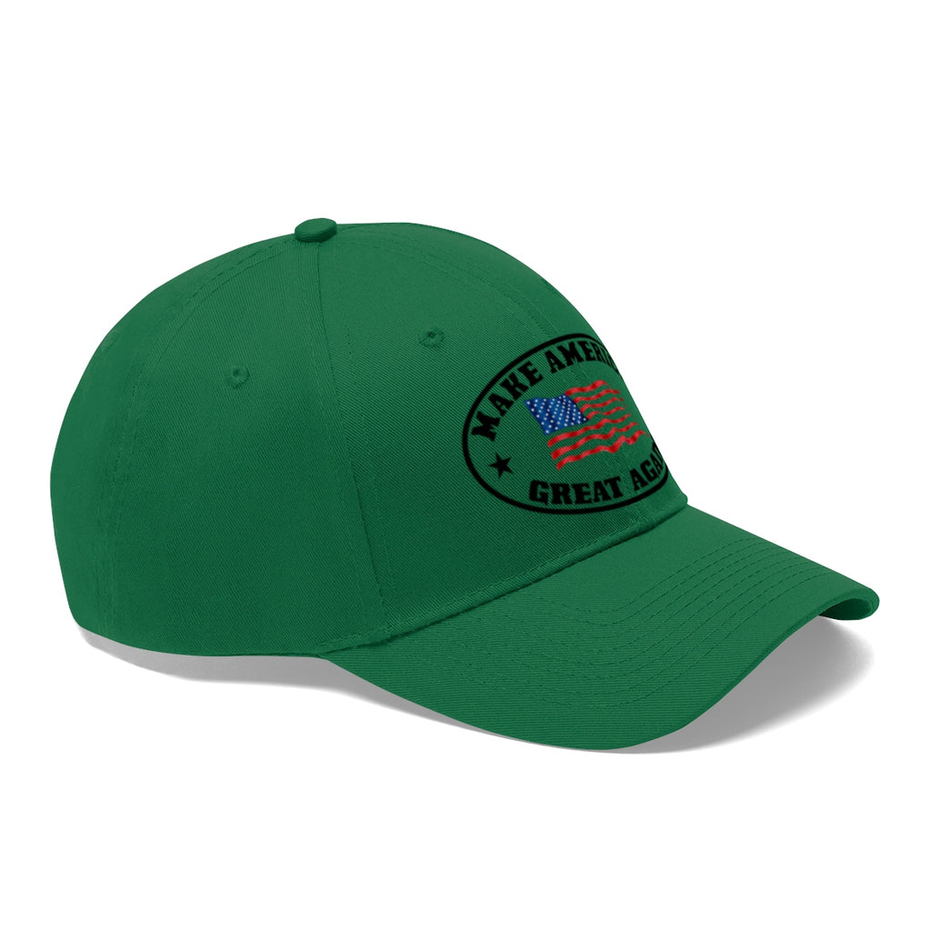 Make America Great Again US Flag Twill Cap in green with embroidered design featuring the American flag.