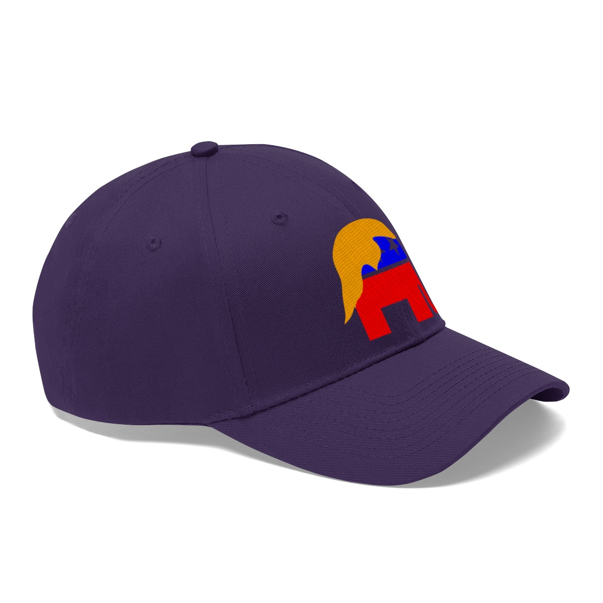 GOP Symbol With Trump Hair Twill Cap featuring the iconic Republican elephant design on a stylish cap.