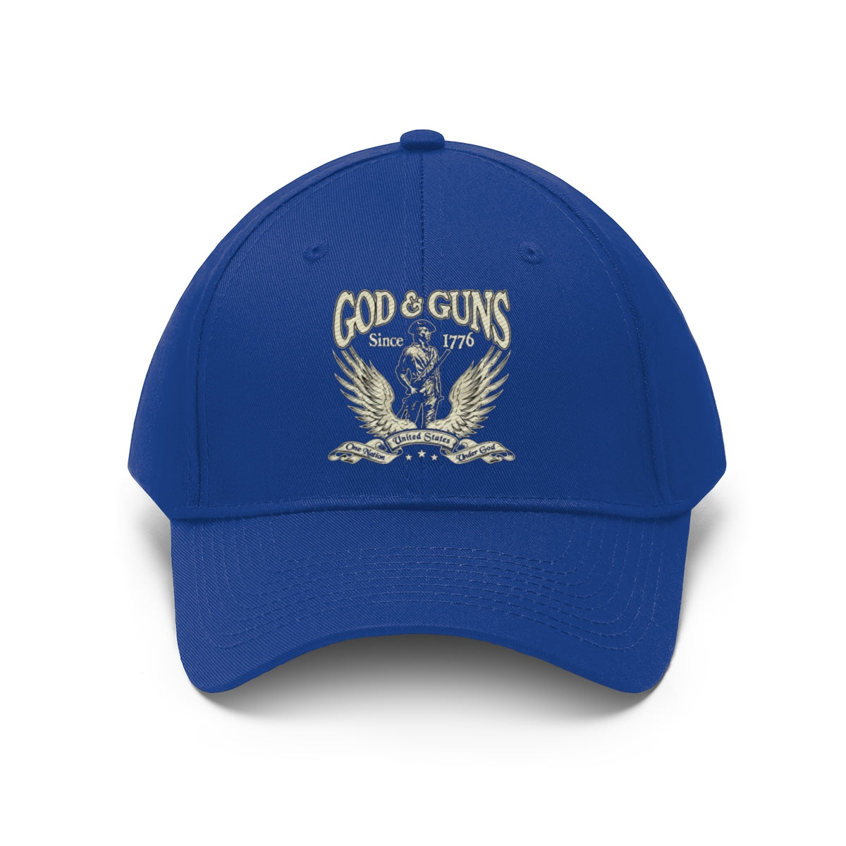 God And Guns Since 1776 Twill Cap in blue with emblem featuring wings and firearms symbols