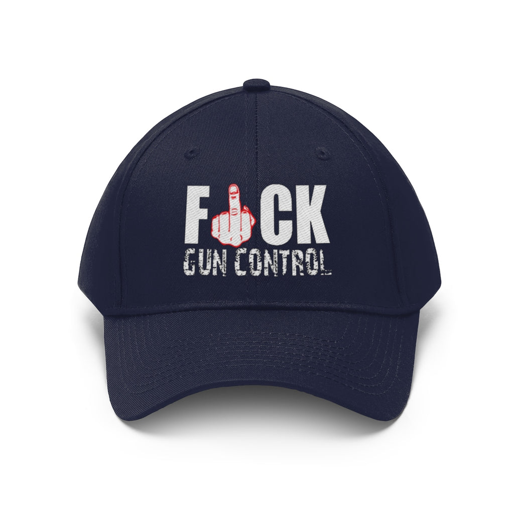 Fuck Gun Control Red Finger Twill Baseball Cap featuring a bold design with a middle finger gesture.