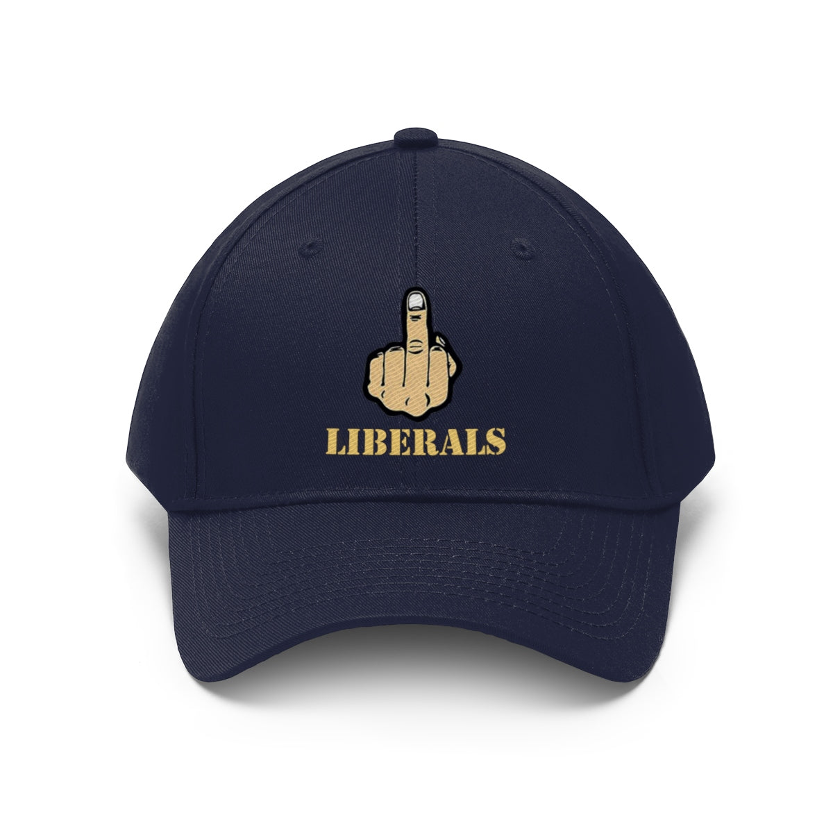 Vintage Fuck Liberals Cotton Twill Cap Design featuring a defiant hand gesture and the word 'LIBERALS'.