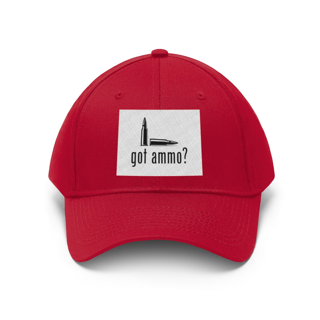 Got Ammo Twill Cap Funny Tactical Style Cap featuring a bold bullet graphic on a red dad hat.