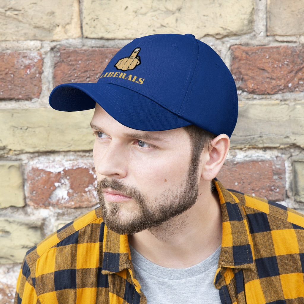 Man wearing Vintage Fuck Liberals Cotton Twill Cap Design with a bold message against liberals.