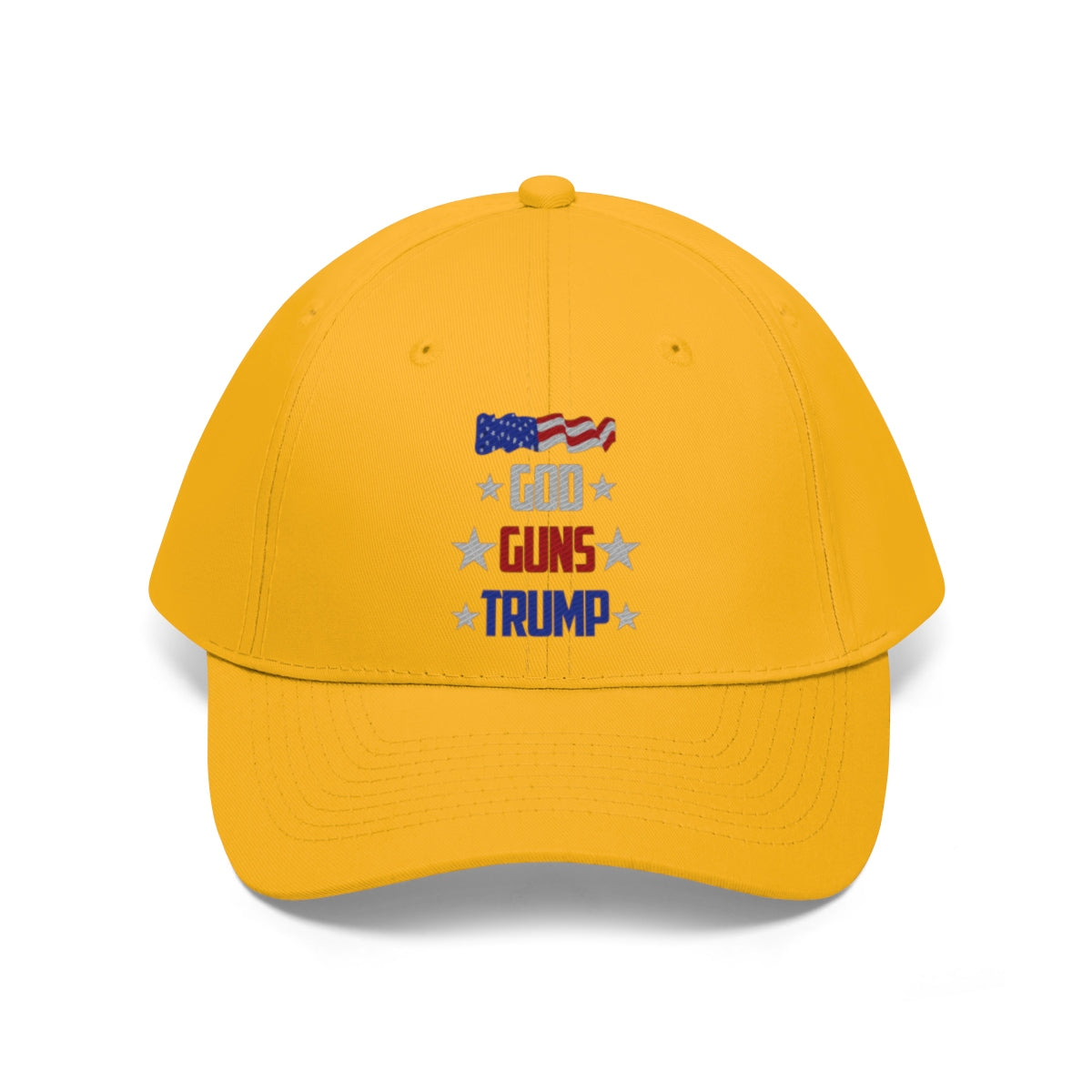 God Guns Trump Patriotic Twill Cap in yellow featuring American flag design and bold text.