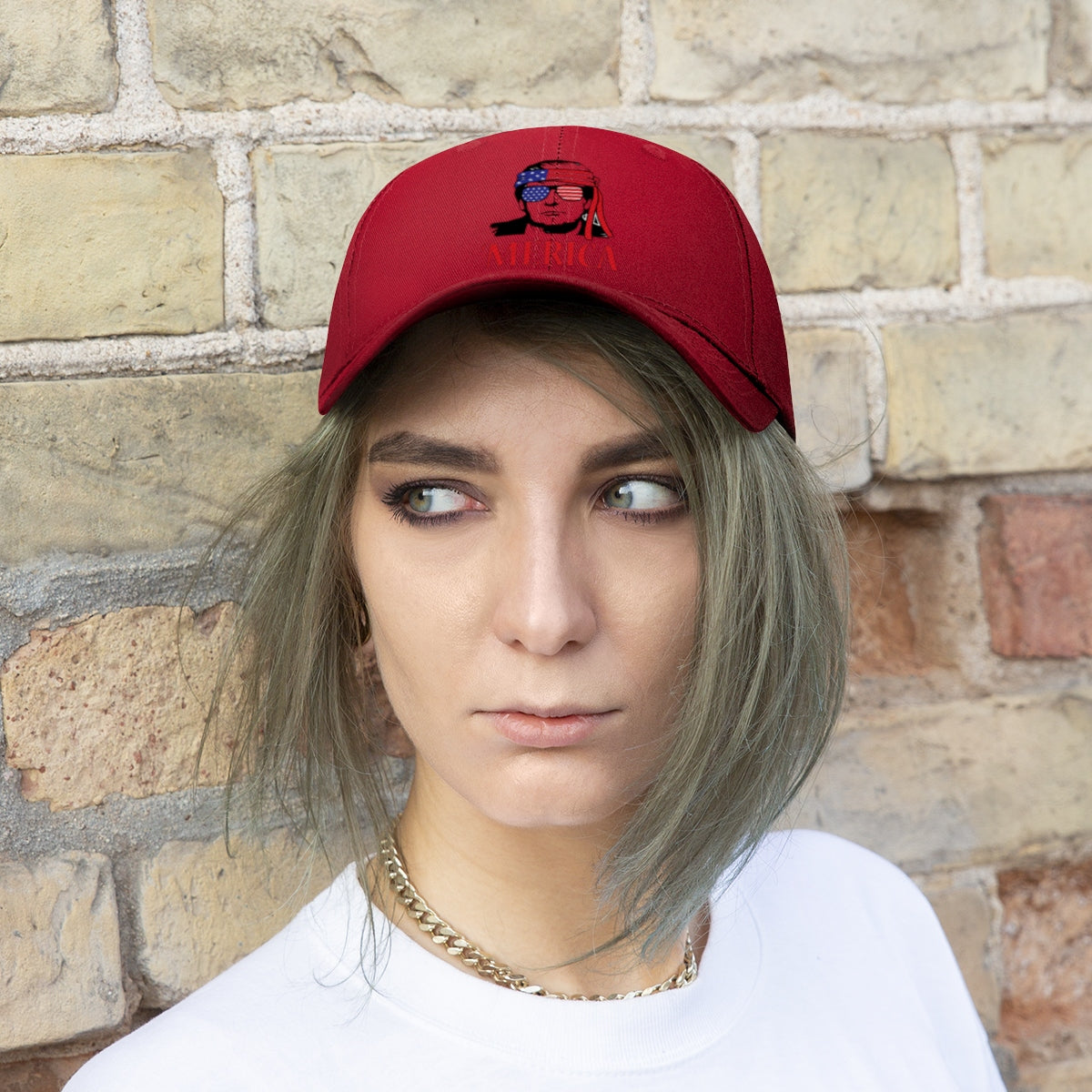 Classic Merica Baseball Cap with Trump Design worn by a model against a brick wall background.