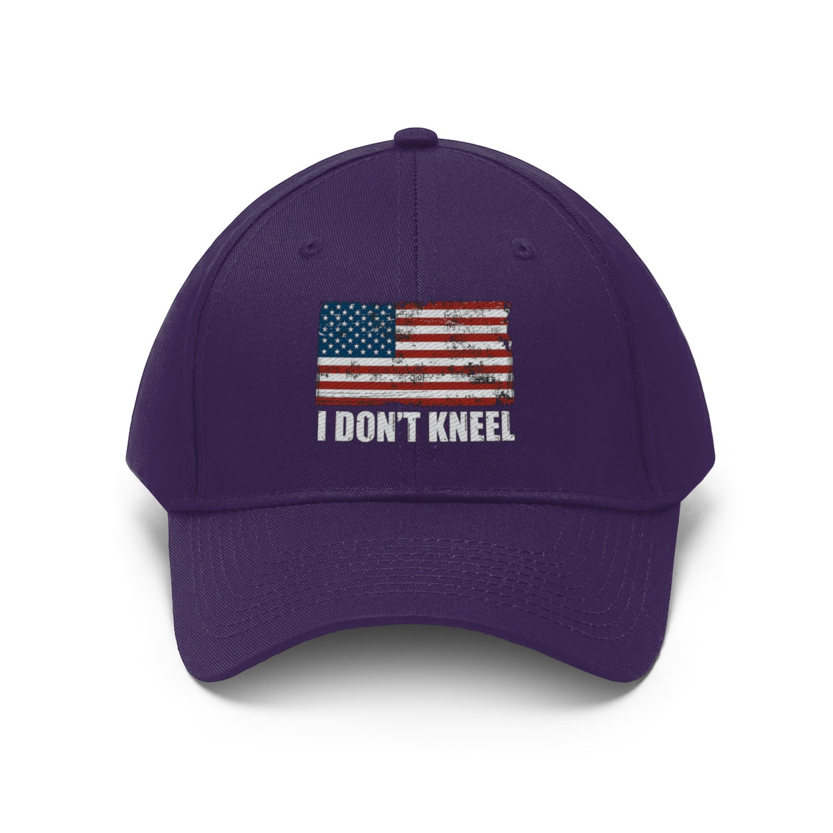 I Don't Kneel American Flag Twill Cap with distressed American flag design on a purple cap.