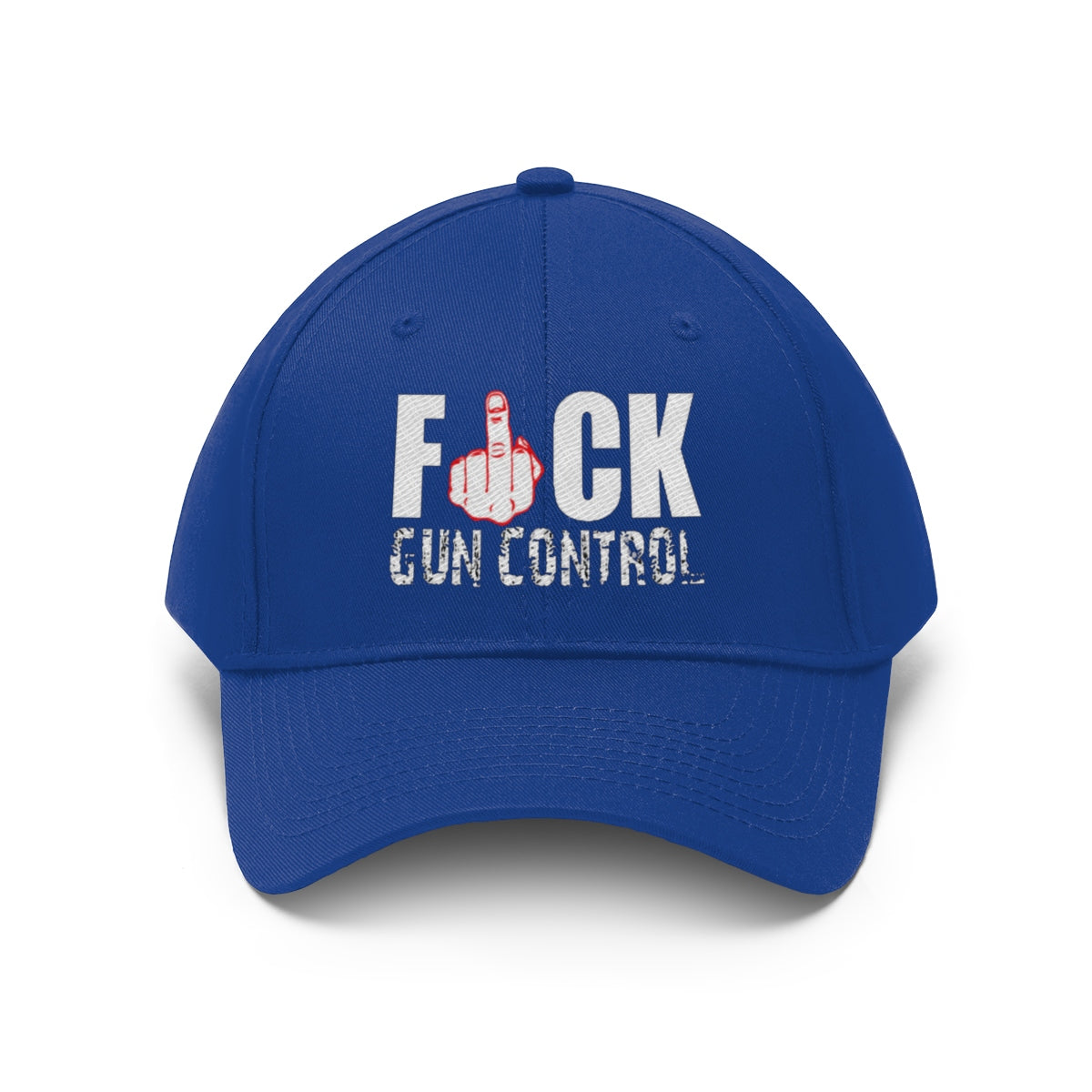 Fuck Gun Control Red Finger Twill Baseball Cap in blue with bold text and graphic design.
