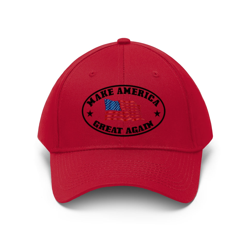 Make America Great Again US Flag Twill Cap in red with embroidered logo and flag design.
