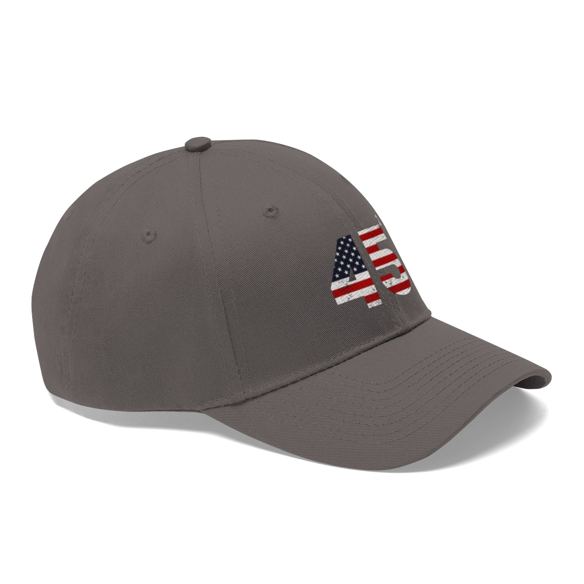 45 Squared Twill Cap Bold Numeric Statement Hat featuring an American flag design.