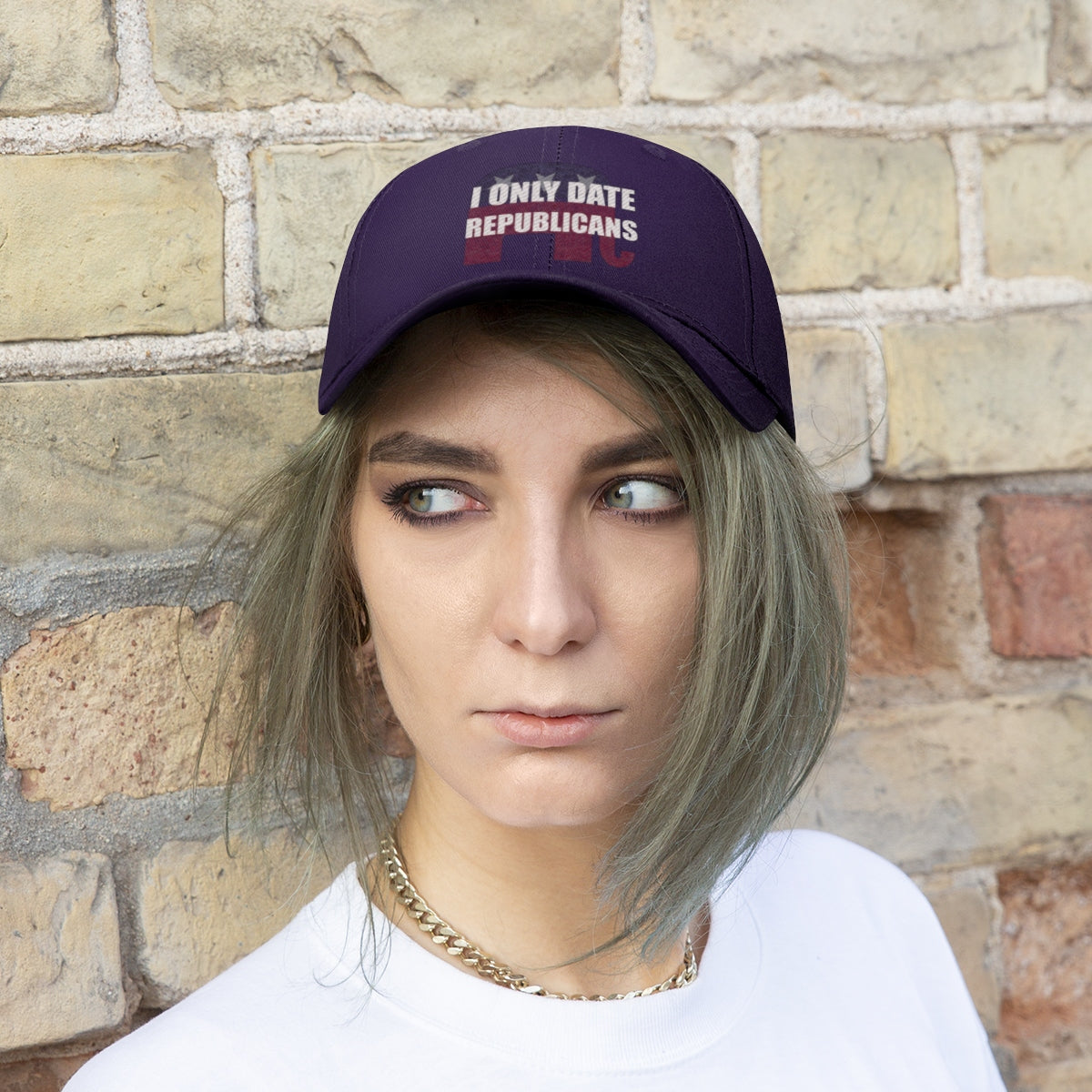 Person wearing an I Only Date Republicans Twill Cap, making a bold political statement.