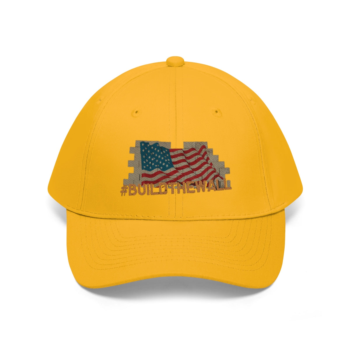 Build The Wall On American Flag Twill Cap featuring a yellow design and patriotic American flag imagery.