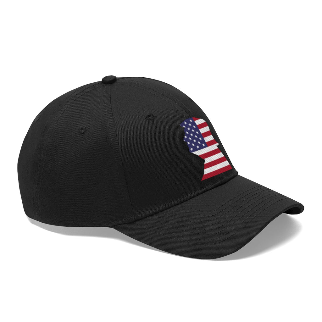 Trump American Flag SilhouetteTwill Cap featuring a black baseball cap with American flag silhouette design.