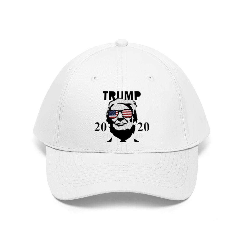 Trump 2020 With US Flag Glasses Twill Cap featuring a bold political design on a white cap.