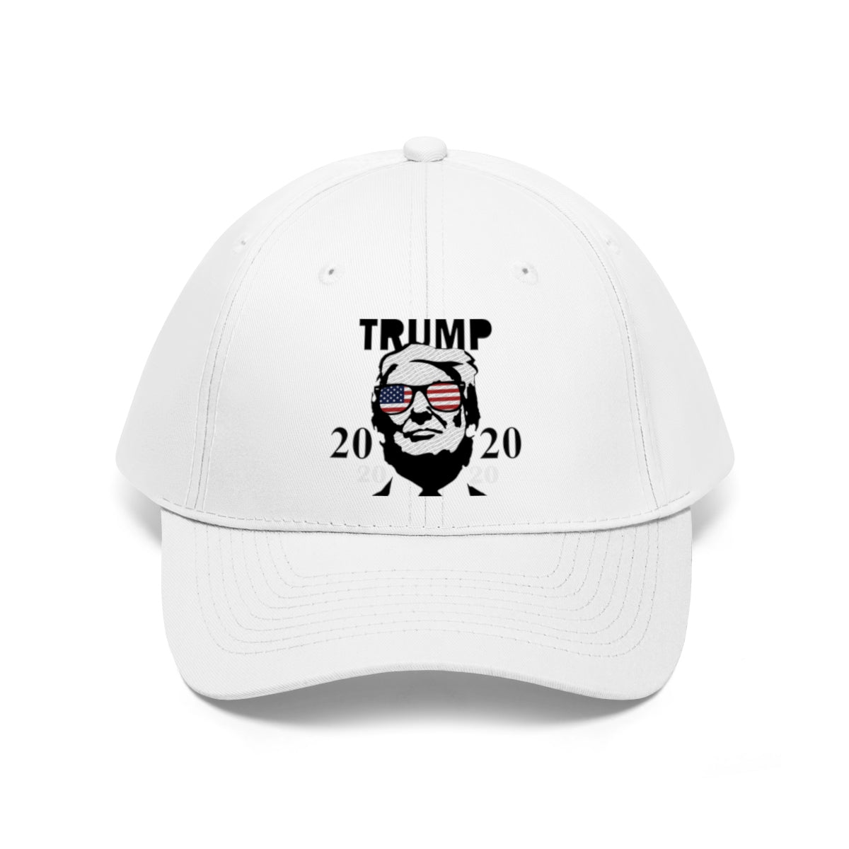 Trump 2020 With US Flag Glasses Twill Cap featuring a bold political design on a white cap.