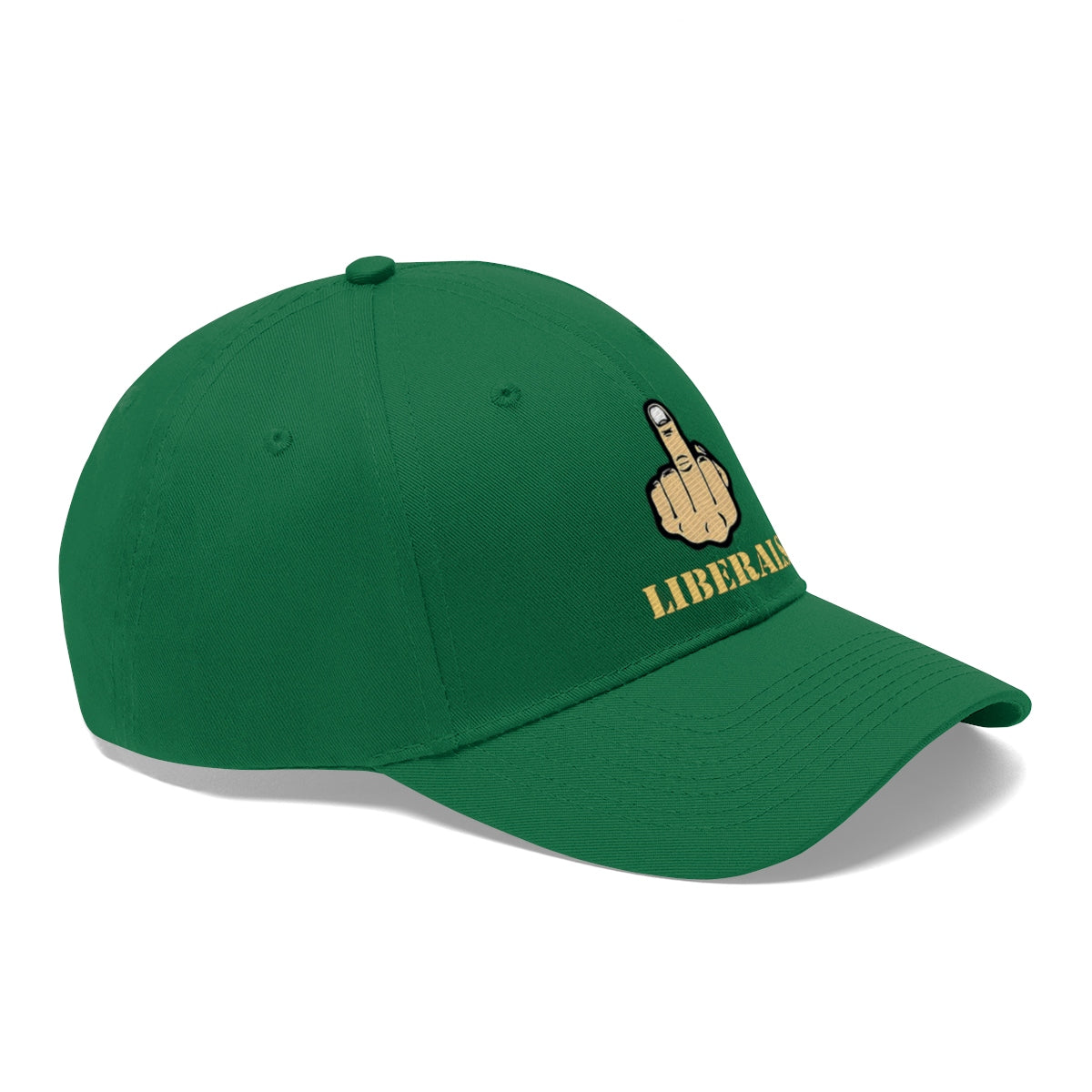 Vintage Fuck Liberals Cotton Twill Cap Design in green with middle finger and 'LIBERALS' text.