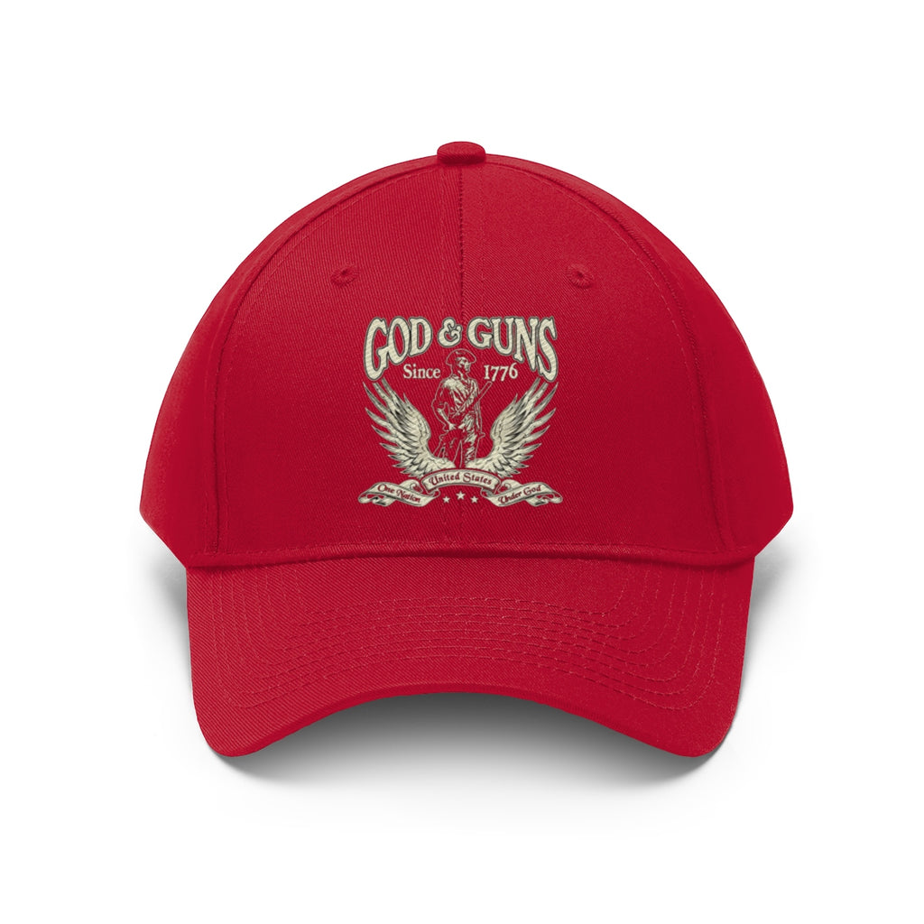 God And Guns Since 1776 Twill Cap in red featuring eagle and firearm design on front.