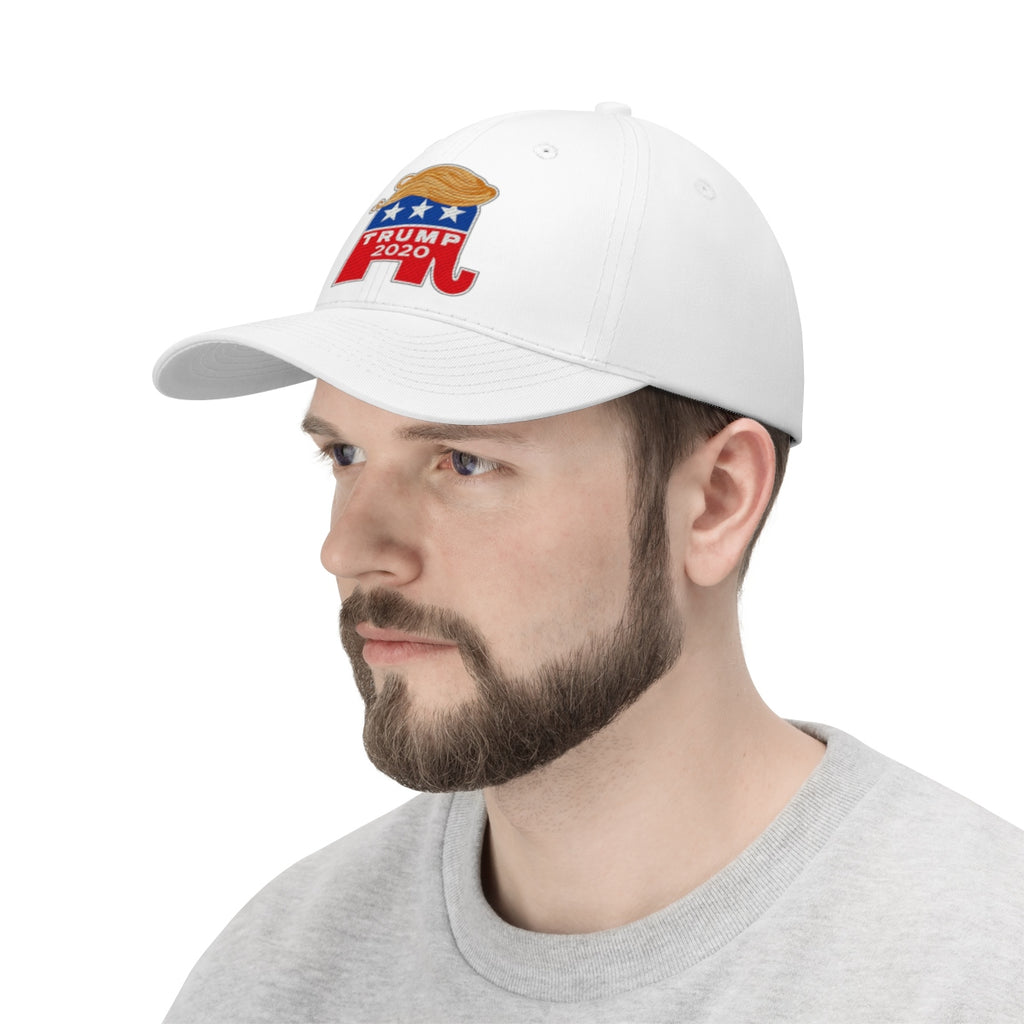 Hair 2020 Twill Baseball Cap Featuring Trump, worn by a man with a beard in profile view.