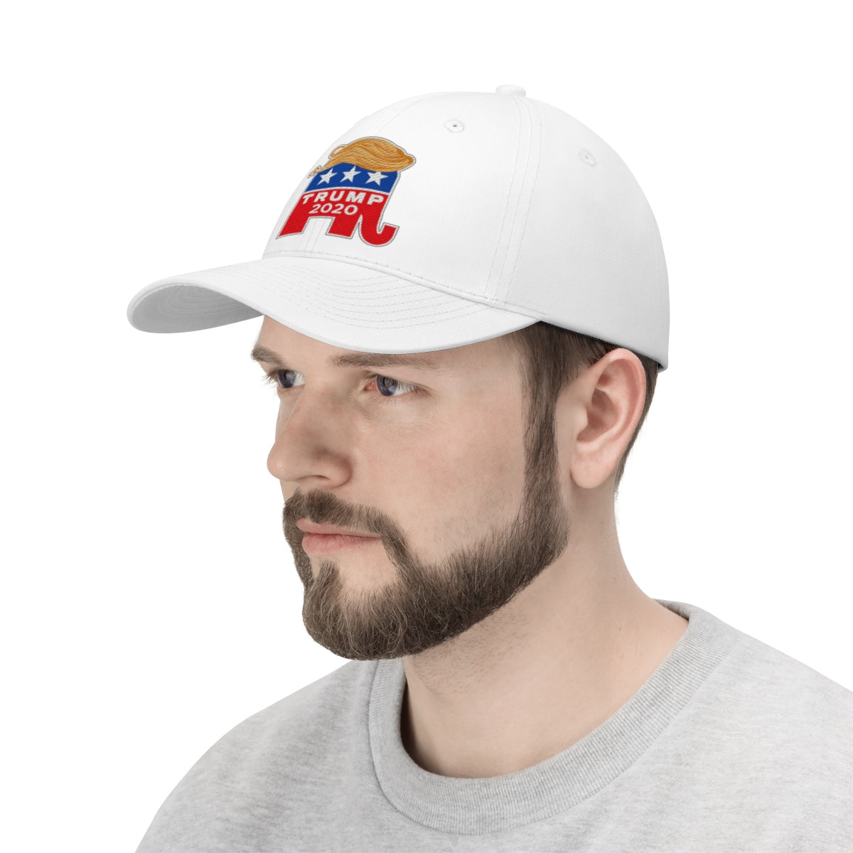 Hair 2020 Twill Baseball Cap Featuring Trump, worn by a man with a beard in profile view.